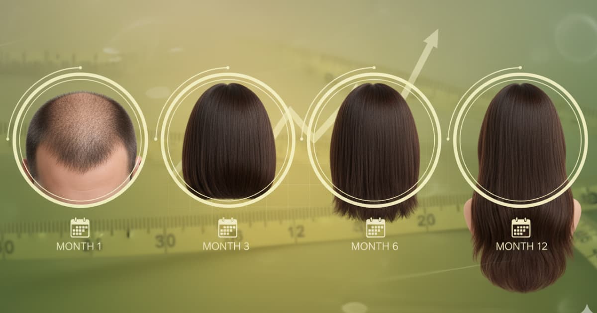 Hair Growth Timeline showing progression from Month 1 to Month 12